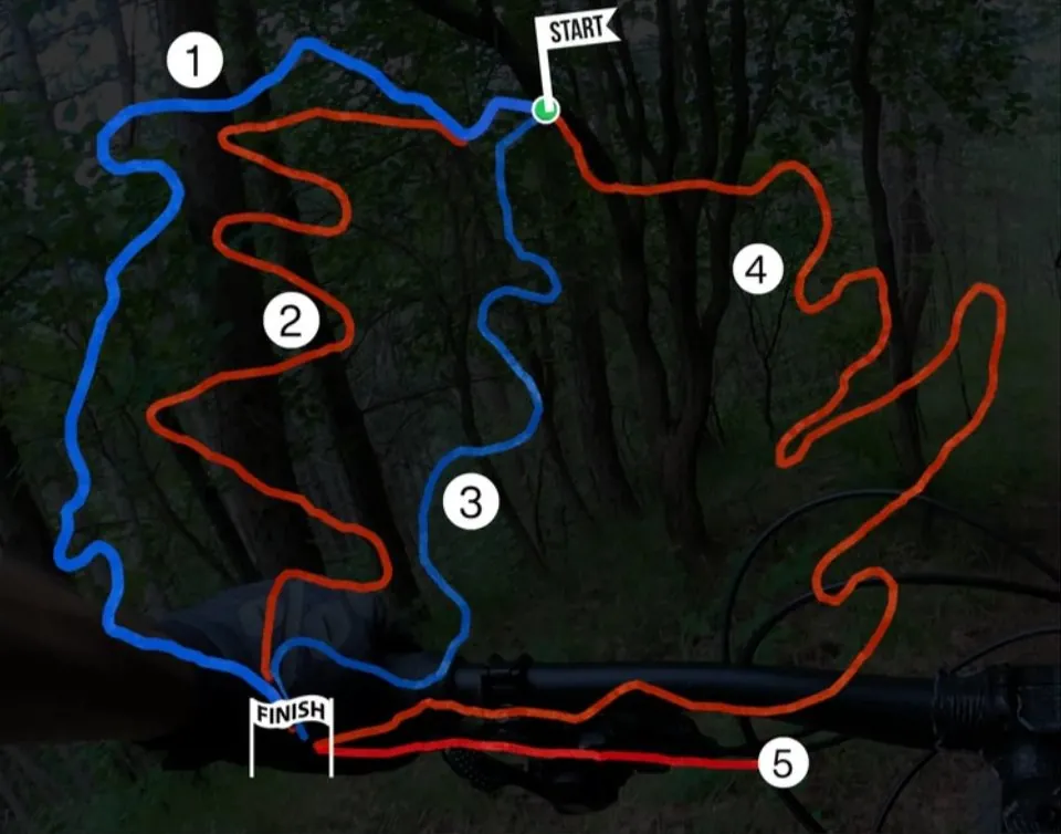 Mappa della Trail Arena con i 5 sentieri, partenza e arrivo